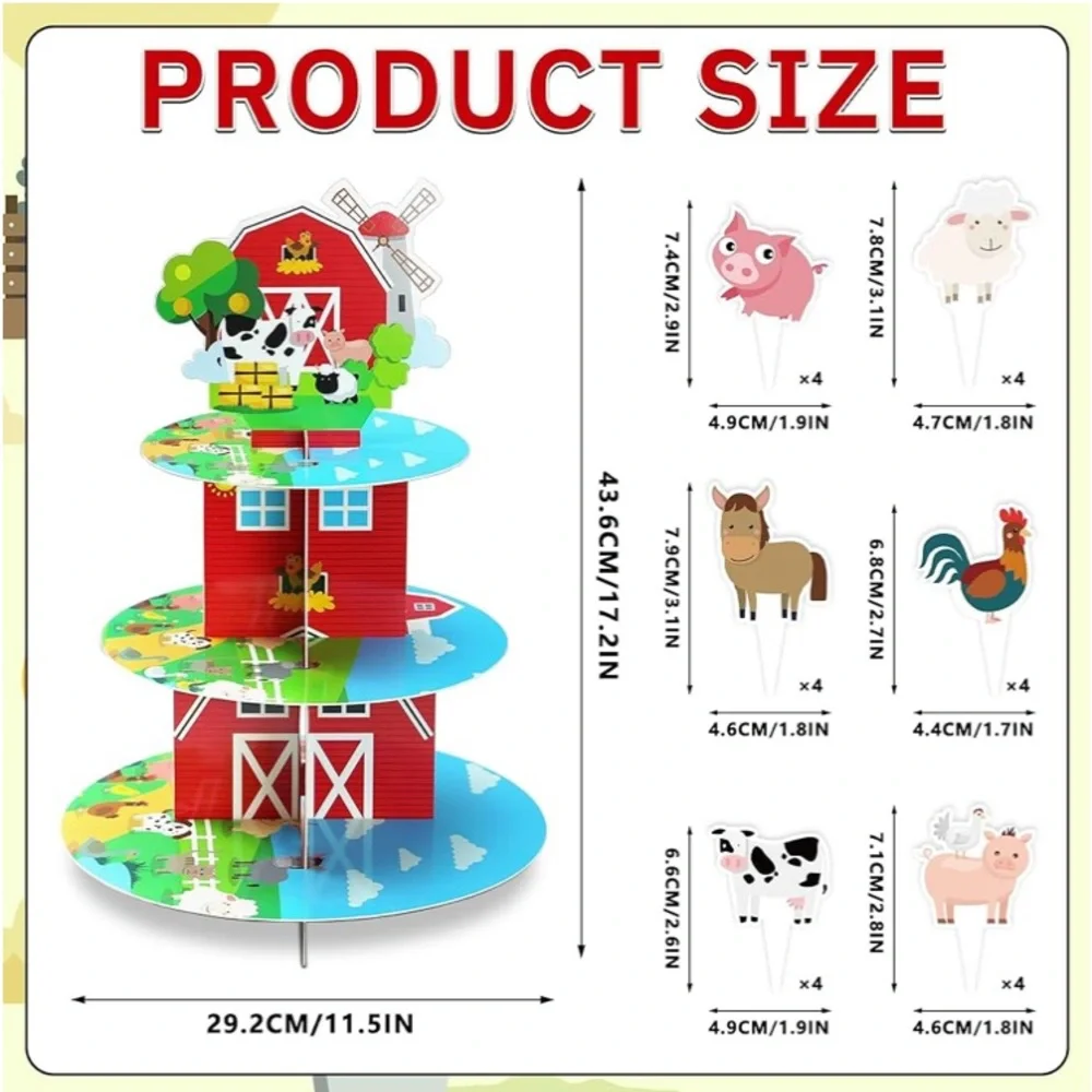 Farm Animal Cupcake Stand and Toppers Set